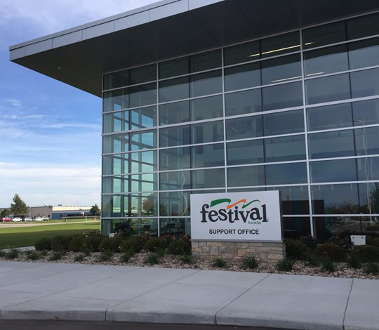 Festival Foods Support Office front sign and all glass windowed office building